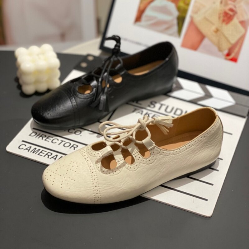 真皮镂空绑带平底单鞋女2026夏季新款圆头芭蕾风百搭软底休闲鞋女