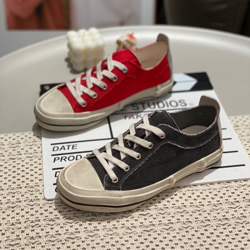 2026春季随性时尚休闲风系带帆布鞋女圆头低帮板鞋百搭做旧运动鞋