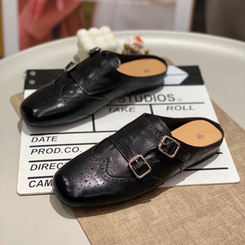 复古英伦风真皮穆勒鞋2026包头拖鞋双排扣方头包头平底半拖鞋百搭,女鞋,时尚休闲鞋,淘宝优惠券,粉丝福利购,淘宝优惠卷