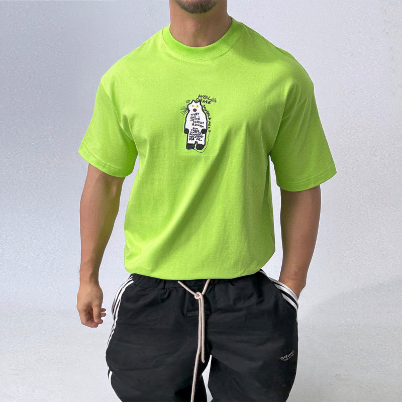 优良成衣-荧光苹果绿修身直筒棉圆领套头刺绣短袖T恤潮男糖果色ig