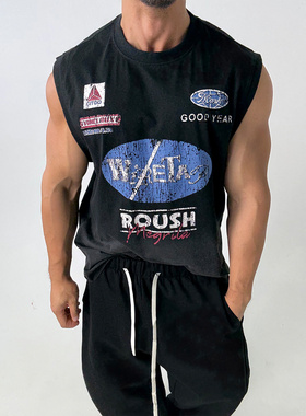 240g克重纯棉!水洗做旧复古小领口显壮宽松无袖T恤背心潮男kpop