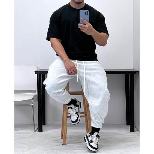 卫裤宽松弯刀束腿纯棉松紧