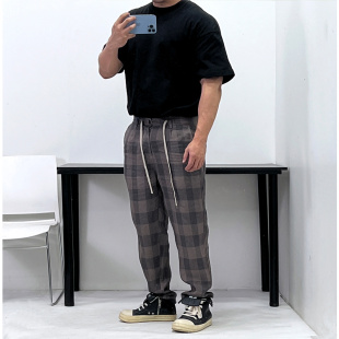 夏天可穿亚麻棉混纺!微小脚微锥形格子长裤松紧文艺休闲裤潮男