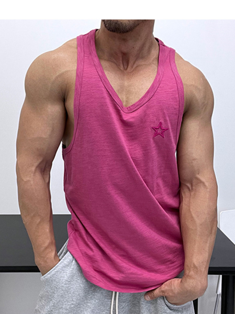 질감이 좋은 원단  통기성 대나무 면 자수 순수 면 루즈한 조끼 민소매 티셔츠 슬림 핏 근육질 남성이 강해 보입니다