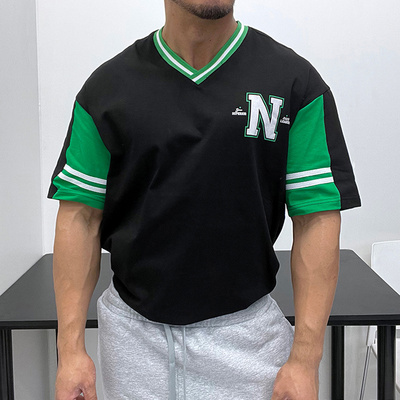 美式橄榄球风v领宽松短袖T恤