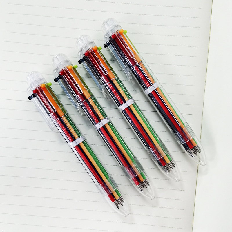 创意透明6色圆珠笔 可爱学生文具多色笔 中油笔彩色笔礼物赠品