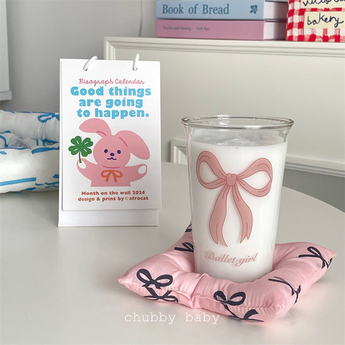 chubbybaby*自制款ins韩风芭蕾少女心蝴蝶结简约玻璃杯咖啡拿铁杯