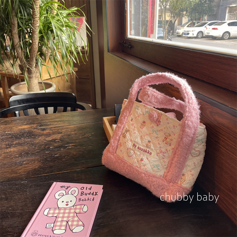 chubbybaby可爱泡泡棉春日粉色绒绒手提包大容量通勤包卡通托特包