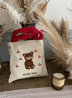 chubby baby*自制复古刺绣小熊迷你手提包包便携便当袋小布袋