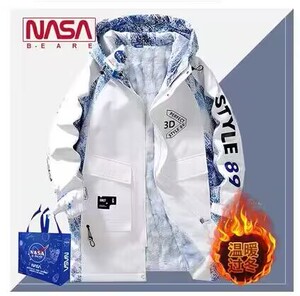 NASA旗舰店男士外套冬季中长款潮流连帽夹克男宽松青少年加绒风衣