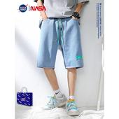 男夏季 NASA潮牌日系水洗浅蓝色牛仔短裤 子 宽松休闲彩色抽绳五分裤