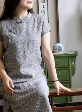 原创中式黑白格子短袖棉麻旗袍