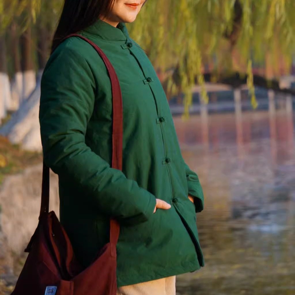 千秋雪柜中缘原创文艺通勤色织高密精棉藕色浓绿色中式棉服棉袄