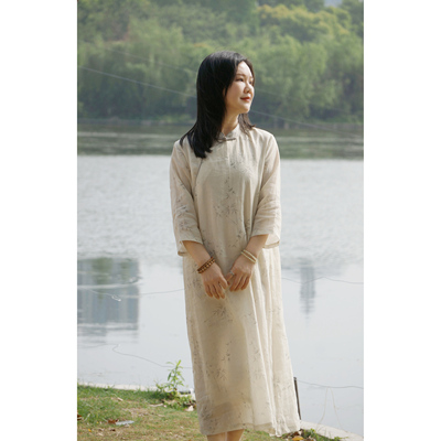 竹枝词柜中缘原创清爽淡雅米白色墨竹苎麻七分袖中式袍子旗袍裙女
