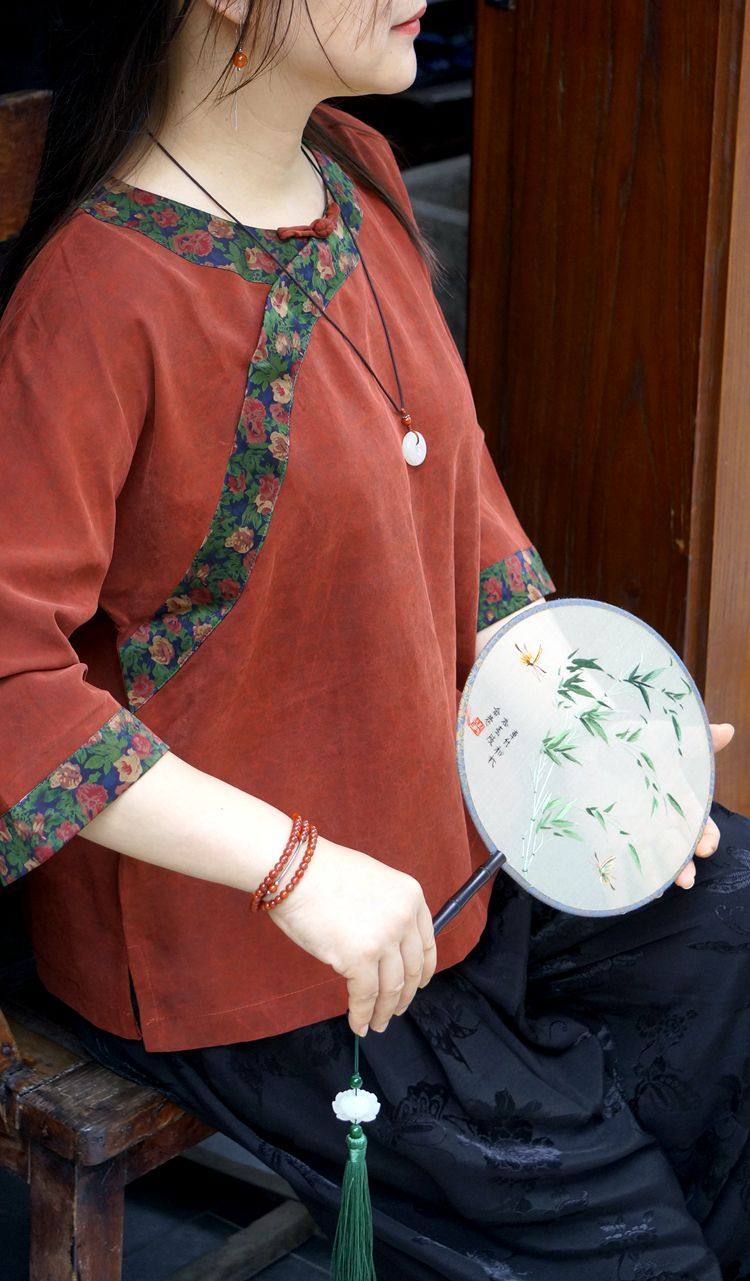 金锁记柜中缘原创复古香云纱桑蚕丝红绿色拼花改良大襟中式小衫夏