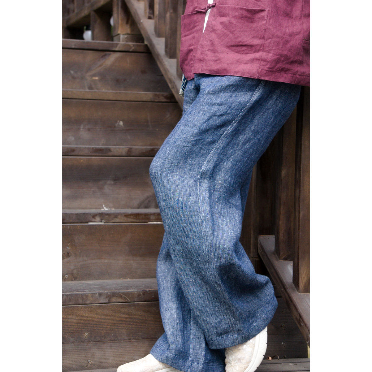 忘尘柜中缘原创百搭牛仔蓝斜纹亚麻松弛感休闲文艺直筒裤女秋