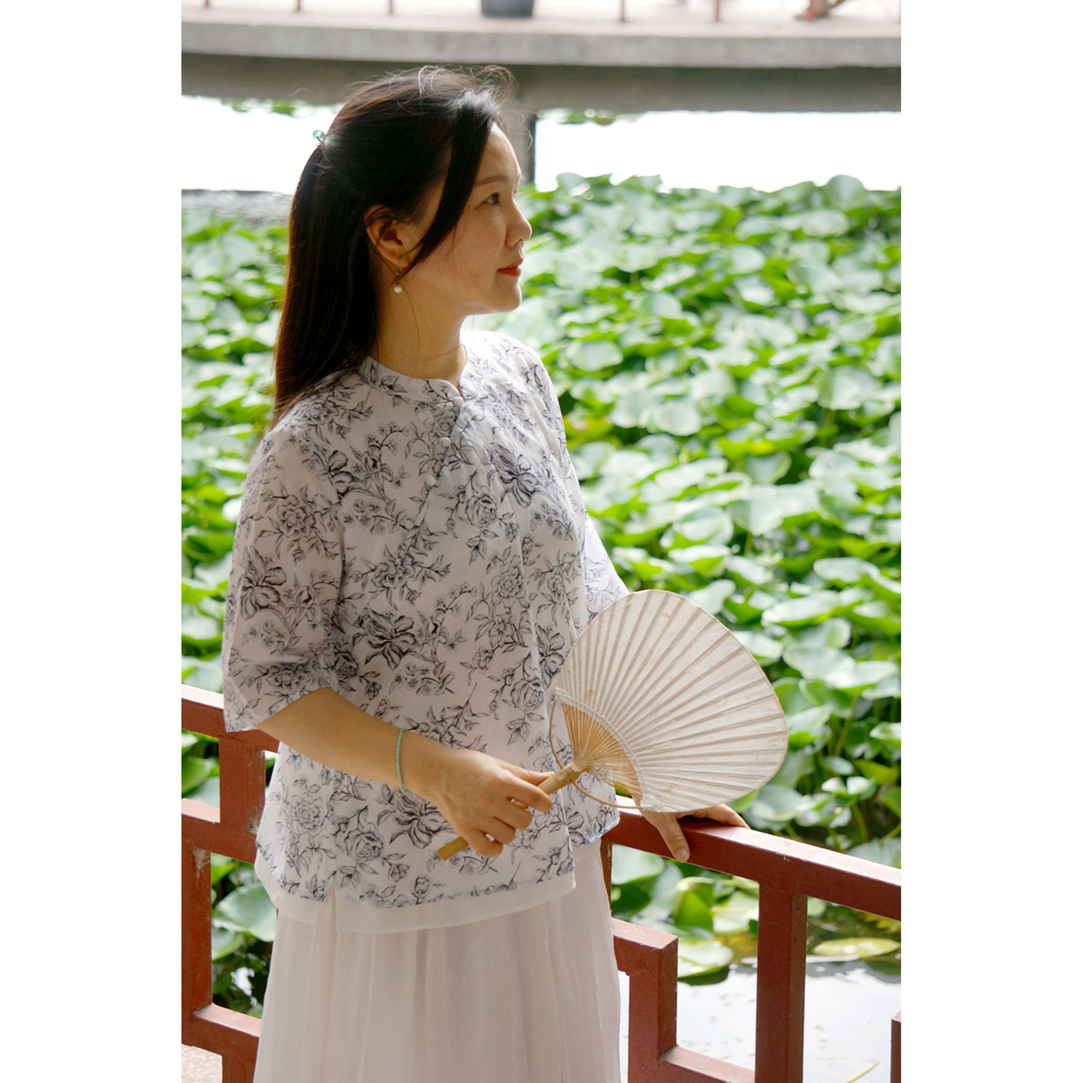 柳如眉柜中缘原创中式黑白印花真丝绵古典淡雅凉爽五分袖上衣女夏