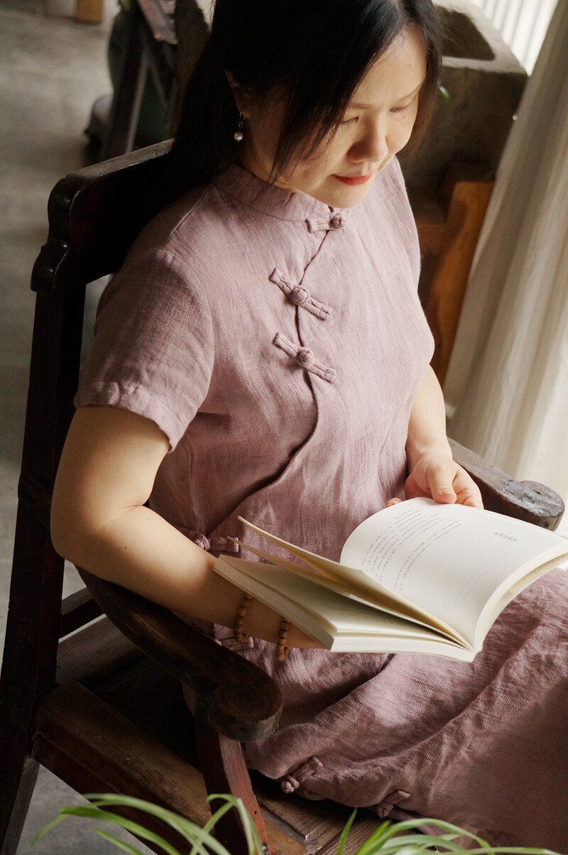 远黛柜中缘原创轻中式文艺休闲暗藕色旧蓝色亚麻提花旗袍女夏