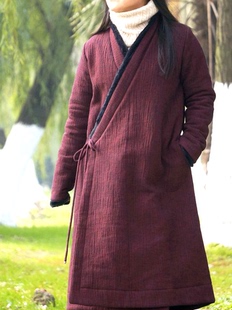 白雪歌柜中缘原创中国风深酒红色粗麻改良复古汉服长棉袍子女冬