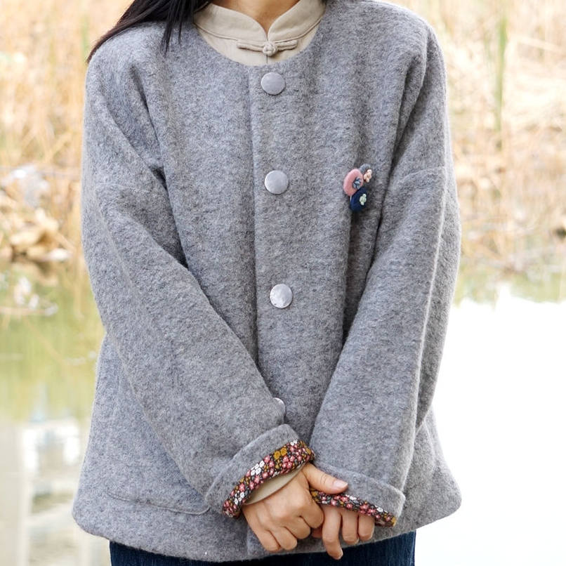 浮世绘柜中缘原创花灰羊毛针织呢子短大衣外套通勤文艺女秋冬