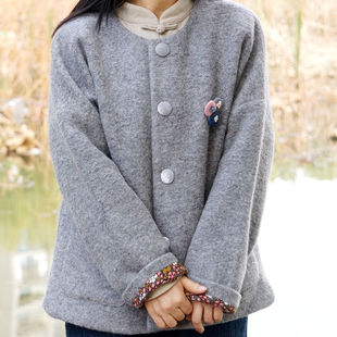 浮世绘柜中缘原创花灰羊毛针织呢子短大衣外套通勤文艺女秋冬