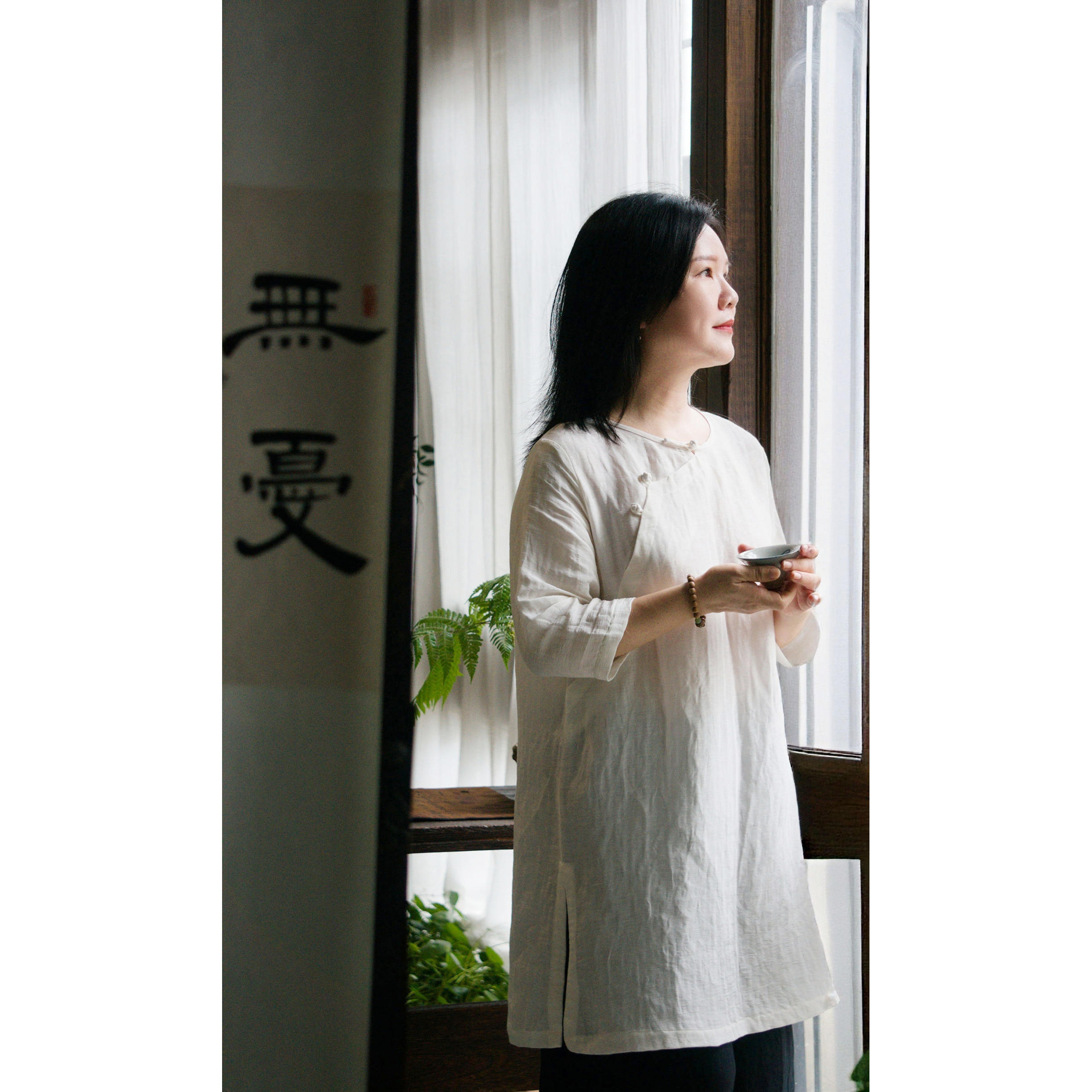 蒹葭柜中缘原创白色高品肌理真丝麻中式斜襟中长款上衣七分袖女
