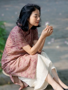 文艺复古枚红花枝苎麻改良旗袍裙温婉清凉女 蝶恋花柜中缘原创中式