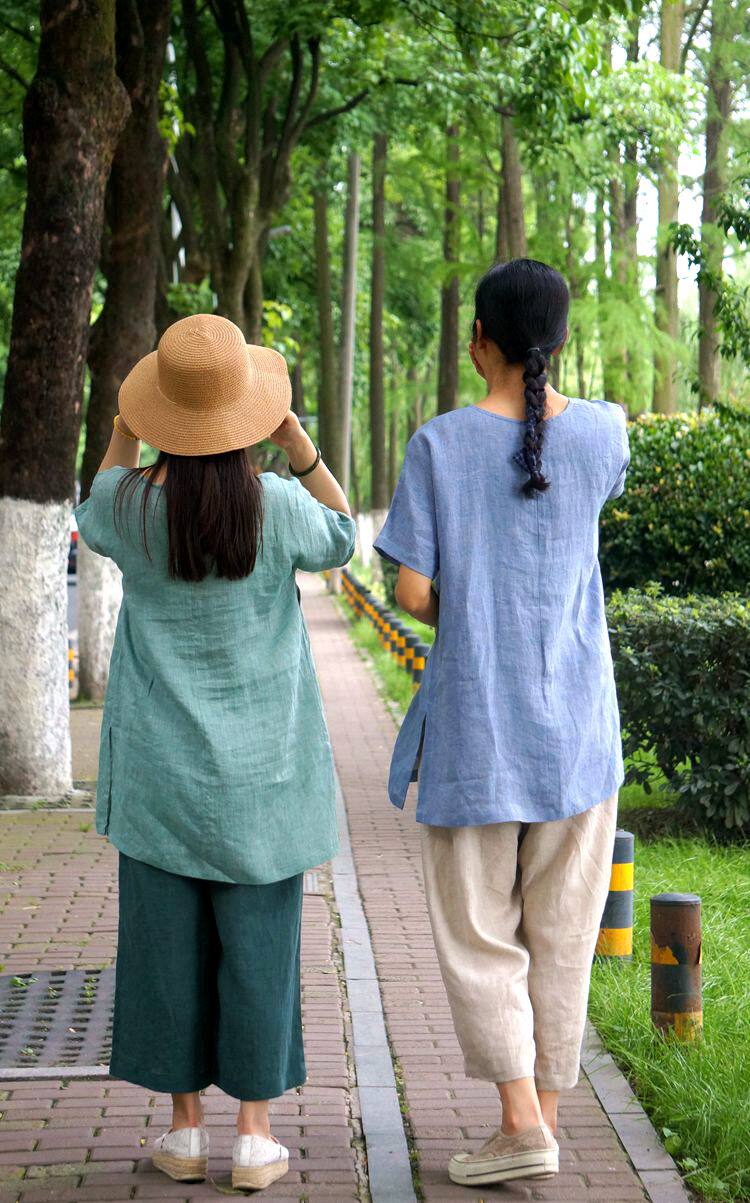 柜中缘宽松半袖文艺色织纯亚麻