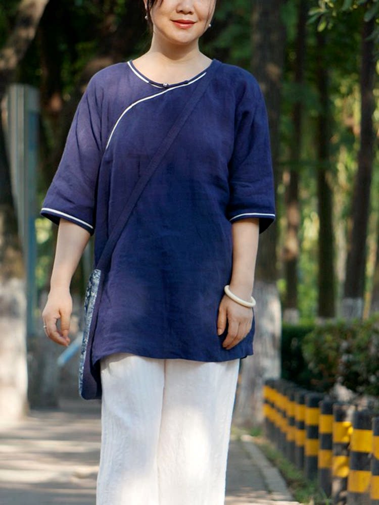 木石盟柜中缘原创复古文艺凉爽中式大襟中袖上衣茶服紫色蓝色淡绿