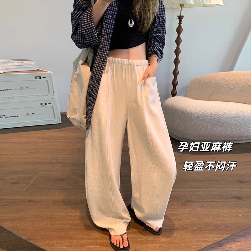 孕妇裤白色亚麻阔腿女夏季高腰薄款垂感老钱风西装直筒休闲棉麻裤