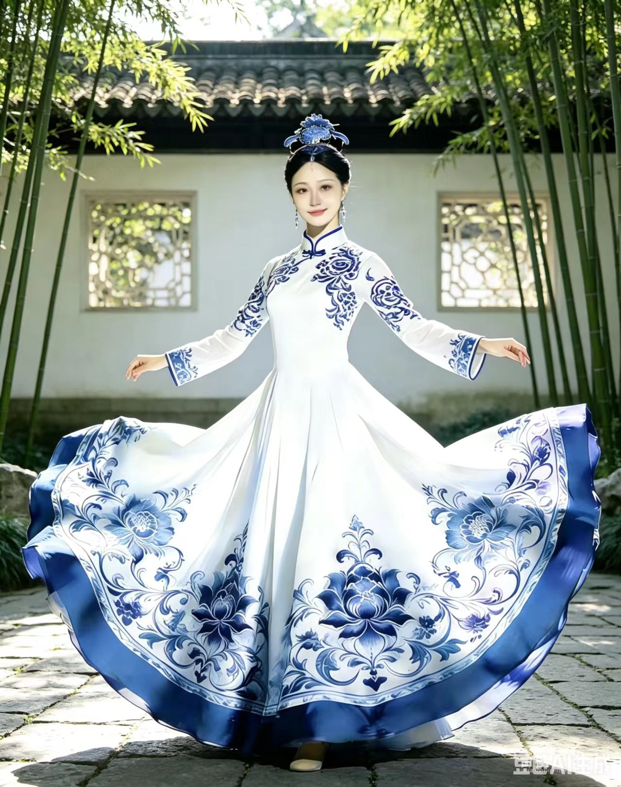 2026新款青花瓷印花长裙高级汉服半身裙