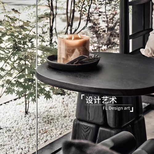 中古简约侘寂风黑色大理石圆桌