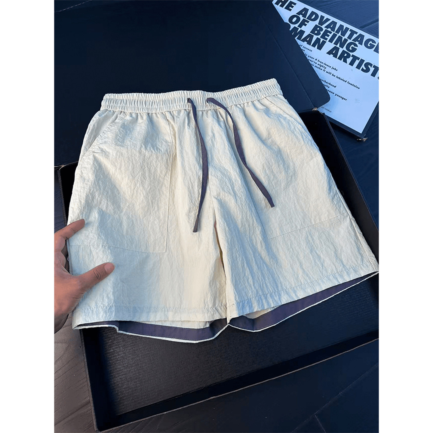 美式拼接速干四分短裤男夏季撞色设计感裤子高级感运动直筒沙滩裤