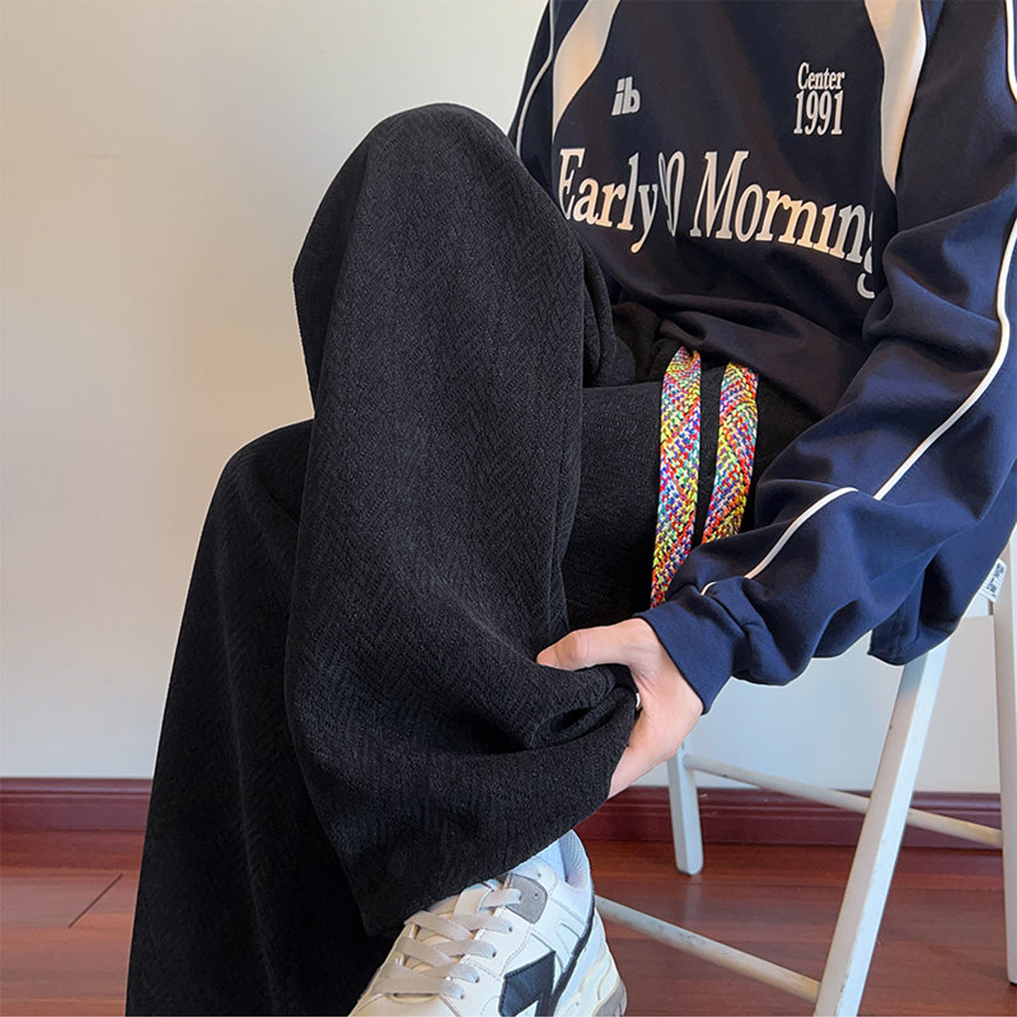 麦穗纹黑色加绒直筒休闲裤男款秋季垂感宽松长裤大码阔腿裤子新款