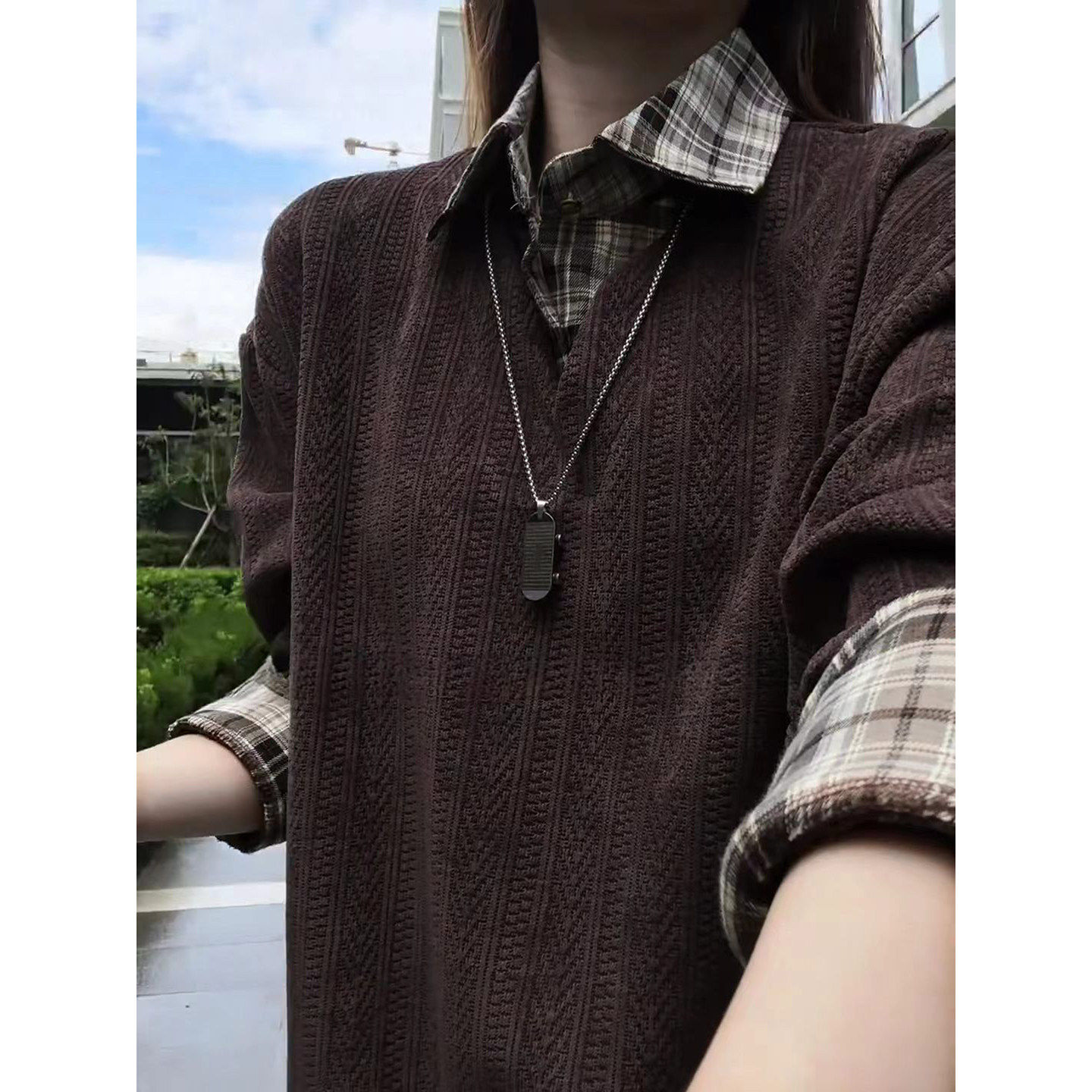 美拉德麦穗纹假两件卫衣男秋季高级感格子拼接polo衫针织长袖t恤