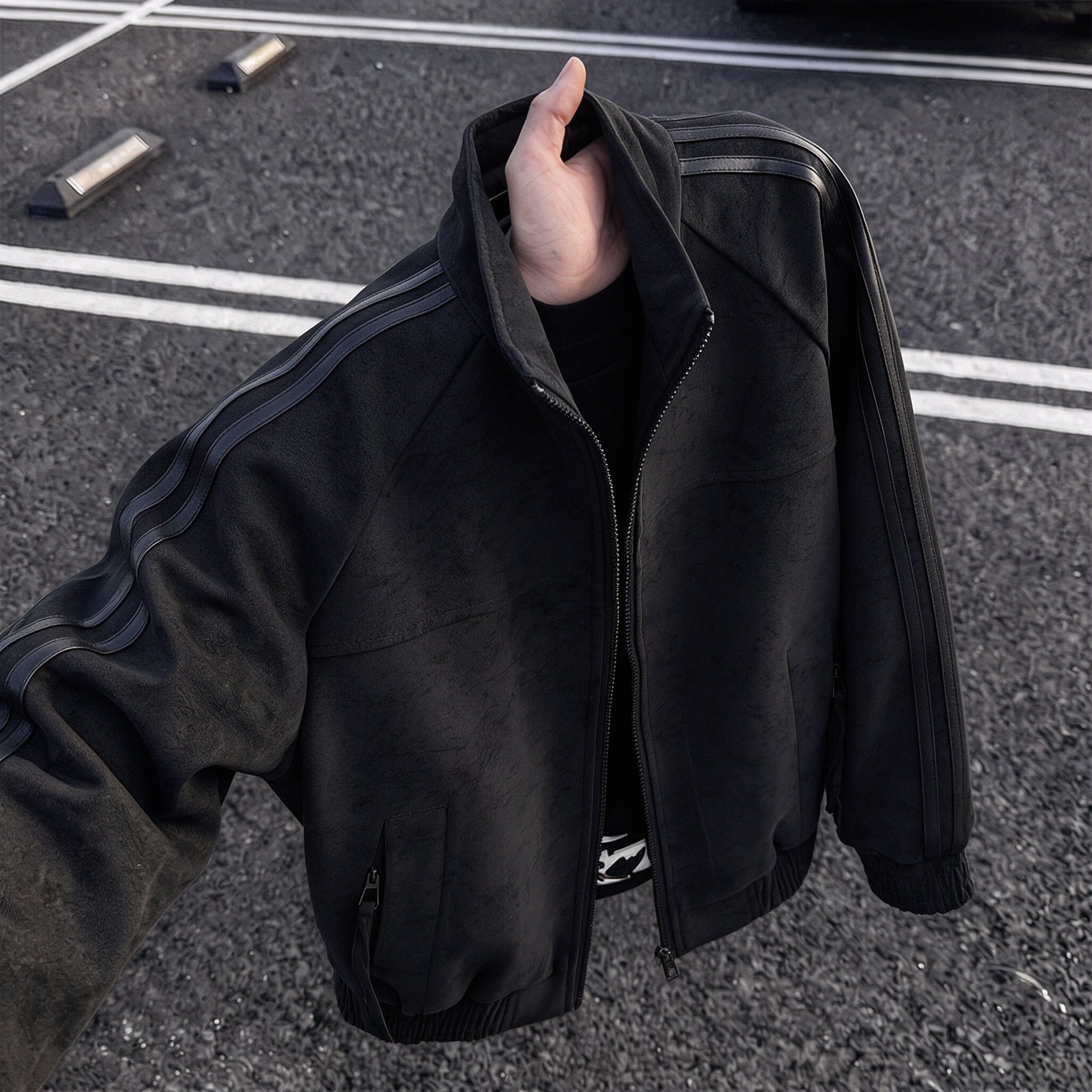 cleanfit黑色条纹皮衣夹克男款秋季高级感痞帅棒球服正肩工装外套