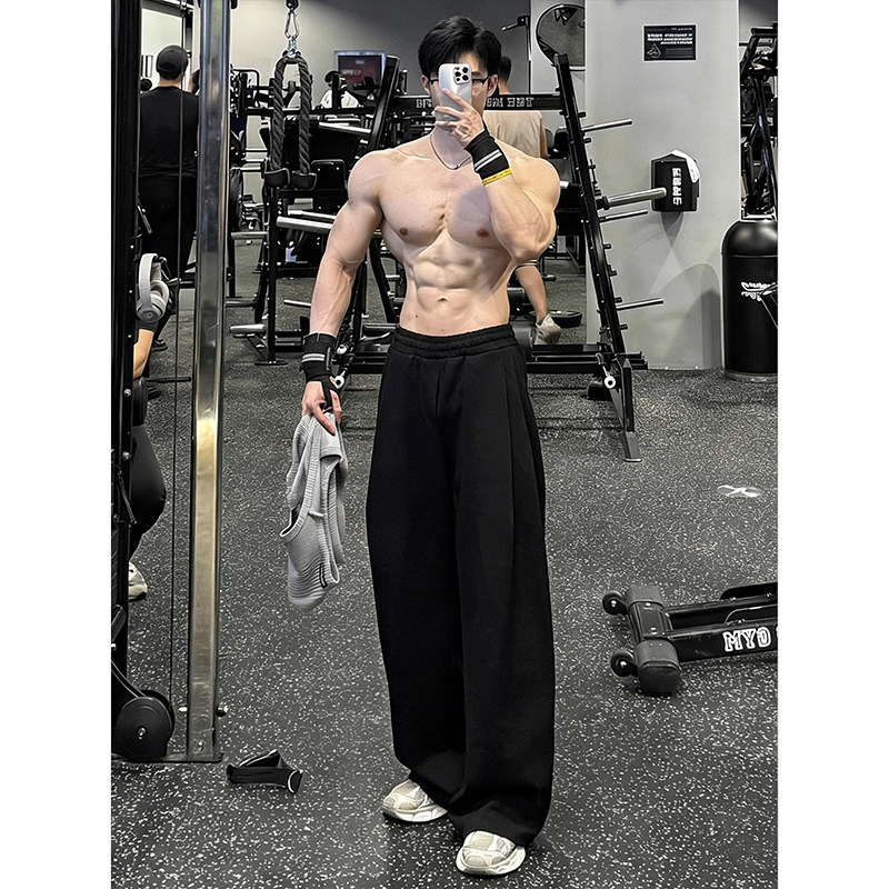黑色美式健身运动卫裤男2026秋季重磅垂感休闲裤cleanfit弯刀裤子