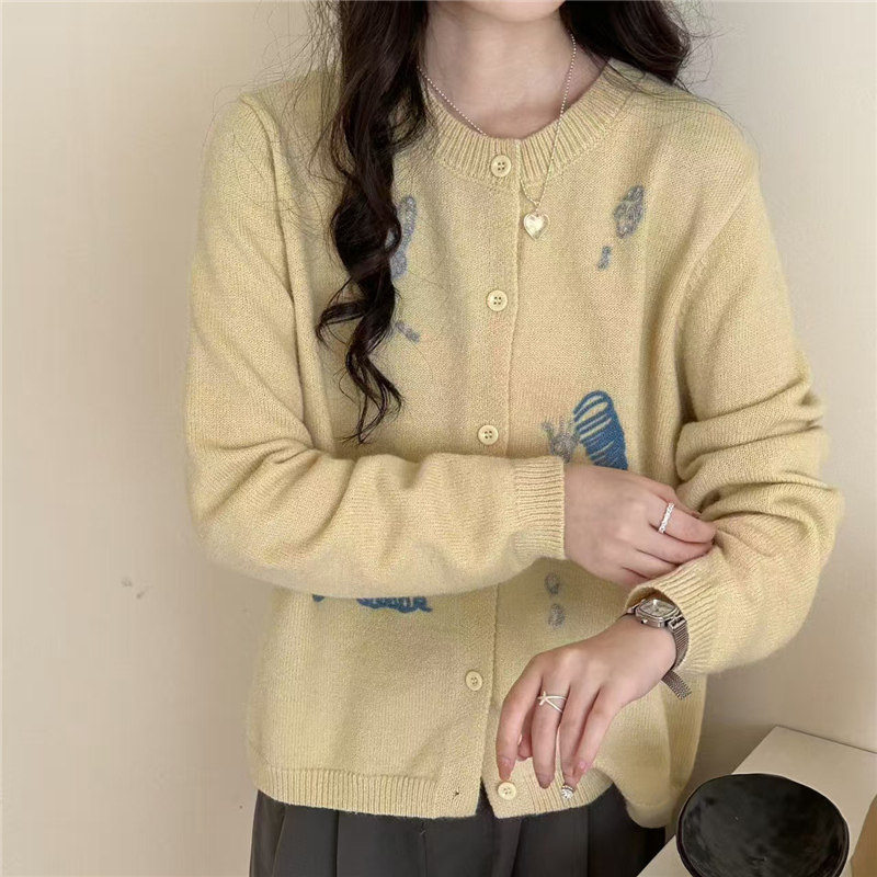 秋冬新款初中生卡通提花宽松韩版针织开衫少女学生上衣毛衣外套