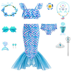美人鱼分体泳衣女童沙滩公主裙鱼尾巴游泳套装海边度假温泉三件套
