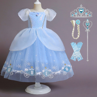 万圣节女童灰姑娘公主裙2025新款长袖纱裙冰雪奇爱莎角色扮演礼服