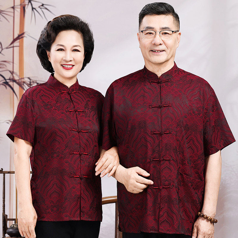 爷爷奶奶过寿衣服礼物老人婚宴装红色外套父母中式服装爸爸唐装新