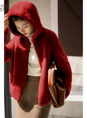 KELE COCO 连帽全羊毛羊剪绒皮草