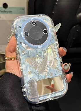 适用蓝色蝴蝶荣耀X60pro手机壳x50i+镜面x40gt支架x30新款x20se羽纱x10防摔honor保护套高级感少女心全包渐变