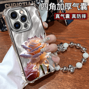 适用苹果15promax手机壳新款 xs四角防摔8plus7p高级感se2支架手链 iphone16pro电镀14 13花朵12轻奢风11时尚