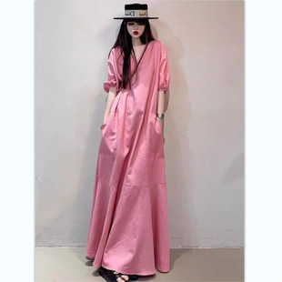 宽松大码 V领高腰娃娃裙棉麻bf风学生过膝打底长裙 亚麻连衣裙长款