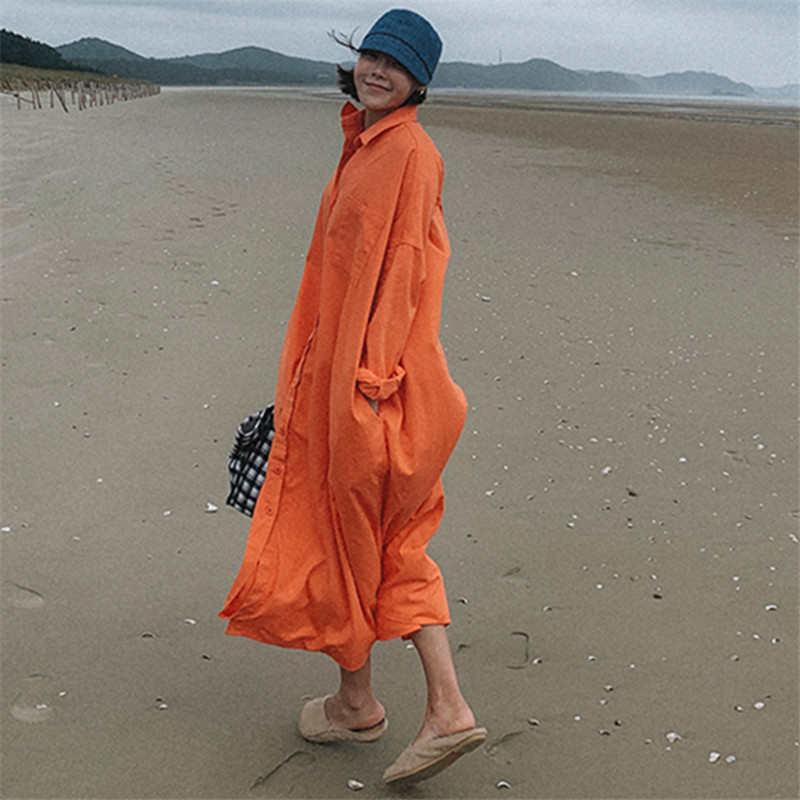 宽松大码衬衫长款过膝连衣裙bf气质学院风显瘦娃娃裙百搭打底衬衣