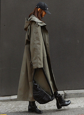 军工装外套过膝长款韩版宽松大码开衫休闲bf风时尚学生连帽风衣潮