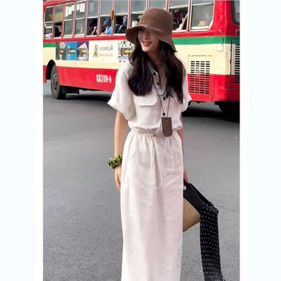 亚麻短袖连衣裙宽松大码衬衫长裙