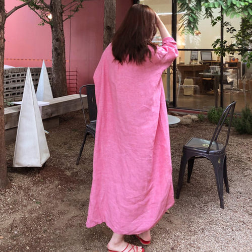 过膝衬衫森女系复古风棉麻连衣裙