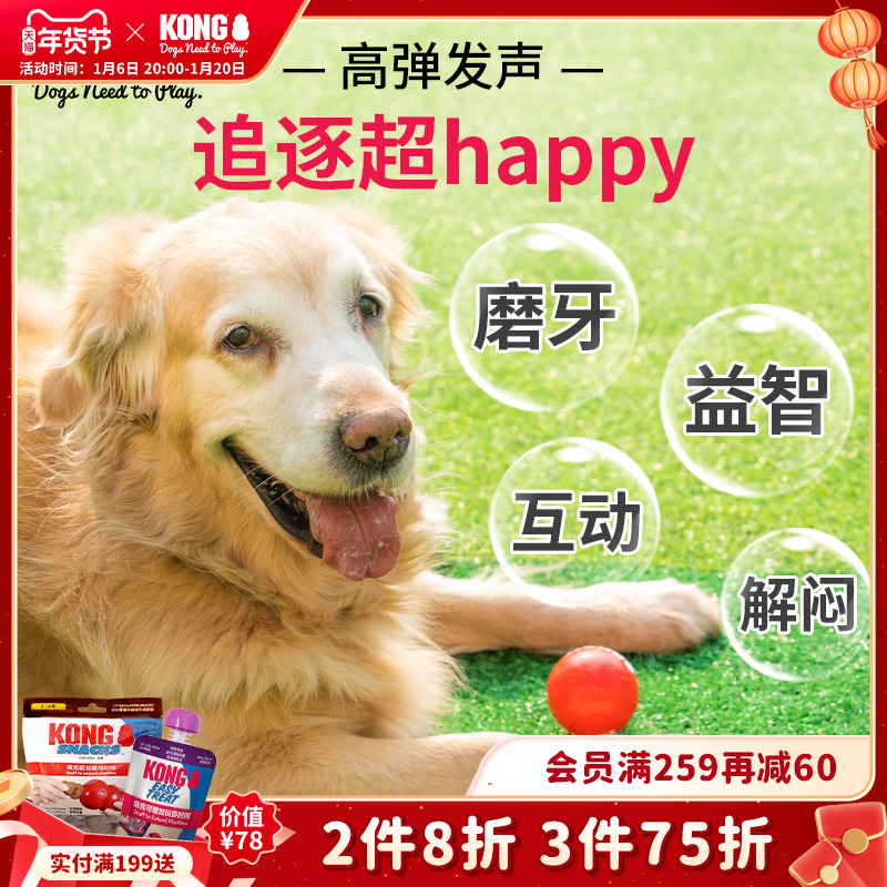 KONG签名球狗玩具宠物狗狗耐咬磨牙球形橡胶弹力球2只装